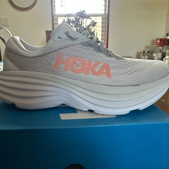 Hoka Women's Bondi 8 Light Gray and Coral Athletic Shoes - Picture 2 of 6